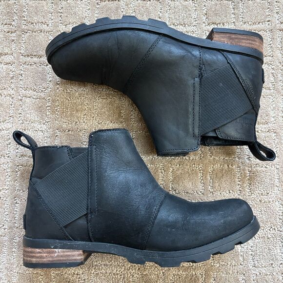 Sorel Emelie Waterproof Chelsea Boot Women's 8 Black Leather Casual Pull On - Picture 1 of 8